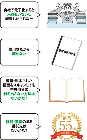 「自社で電子化すると人員もいないし経費もかさむなー」「借用物だから壊せない」「書籍・製本された図面をスキャンしても中央部分に影を出さない方法はないかな？」「経験・実績のある委託先はないかな？」